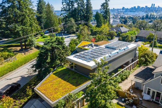 Bird's eye view of custom, modern home in city of Vancouver.
