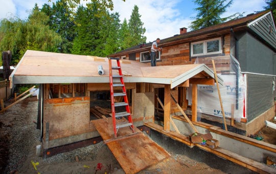 Exterior framing ready for window installation.