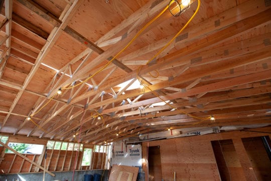 Scissor trusses and roof sheathing.