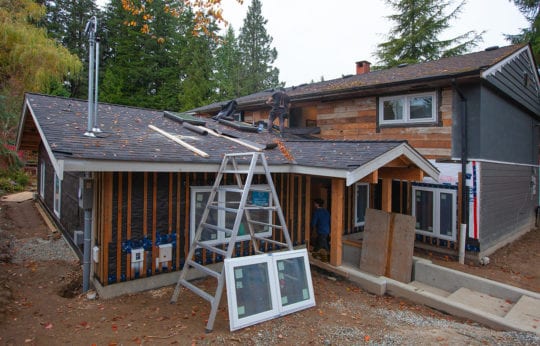 Photo of the roofing stage of construction.