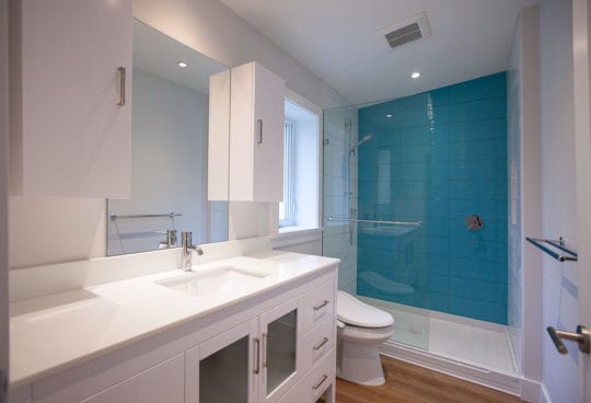 Bathroom with vanity, toilet and shower.