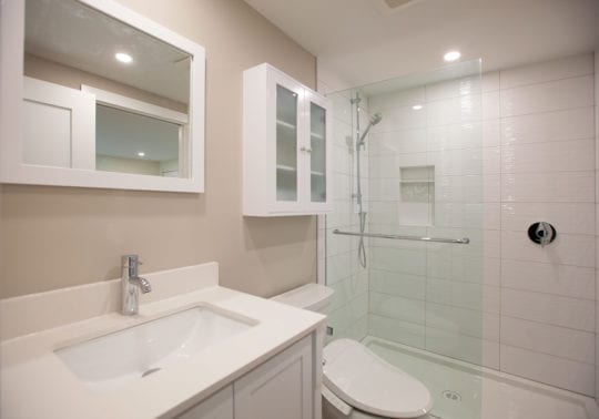 angle view of Bathroom with vanity, toilet and full height shower