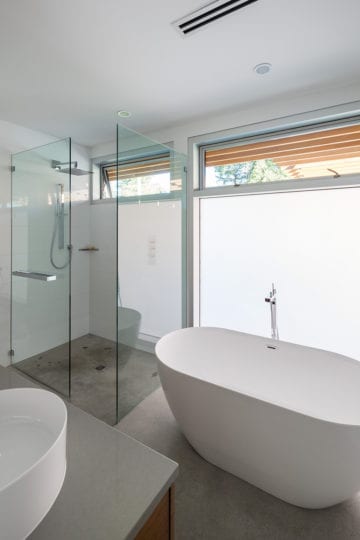 Modern customized washroom with soaking tub and glass stand-in shower.