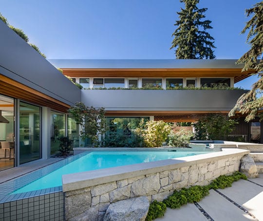 Outdoor triangular pool at modern, North Vancouver custom home.