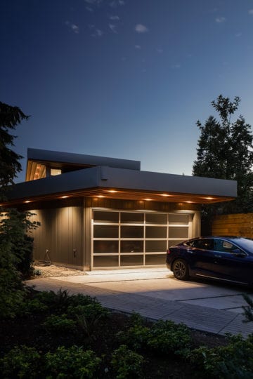 Modern garage at night time with excellent lighting.